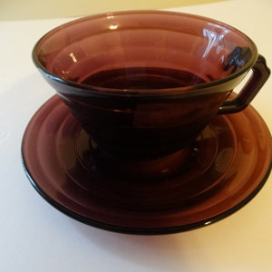Vintage Hazel Atlas Glass Company Moderntone Amethyst Cup and Saucer 8 oz. circa 1934