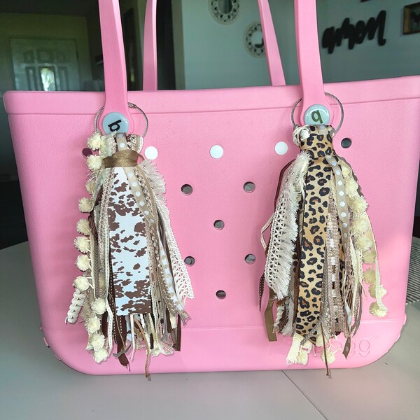 Brown/cream Bogg Bag Tassel bag tag, bag charm, beach bag tag, pool bag charm.