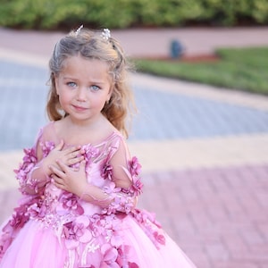 Vestido rosa de niña de las flores con estampado floral 3D: Vestido de gala de tul de lujo