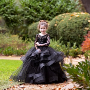 Black Flower Girl Dress, Toddler Tutu Ball Gown, Birthday or Wedding Ball Gown for girls, Pageant Dress, Princess Dress with Train – Blossom