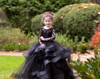 Black Flower Girl Dress with Train, Girls Ball Gown, Lace Long Sleeve Pageant Dress, Princess Tulle Gown, Girls Wedding Dress - Blossom