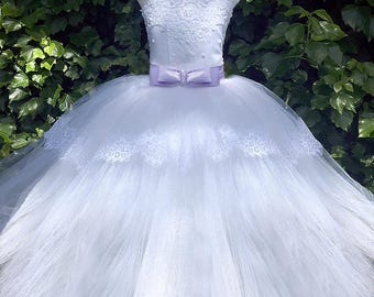 Vestido de niña de flores de tul blanco: corpiño de encaje, vestido de princesa
