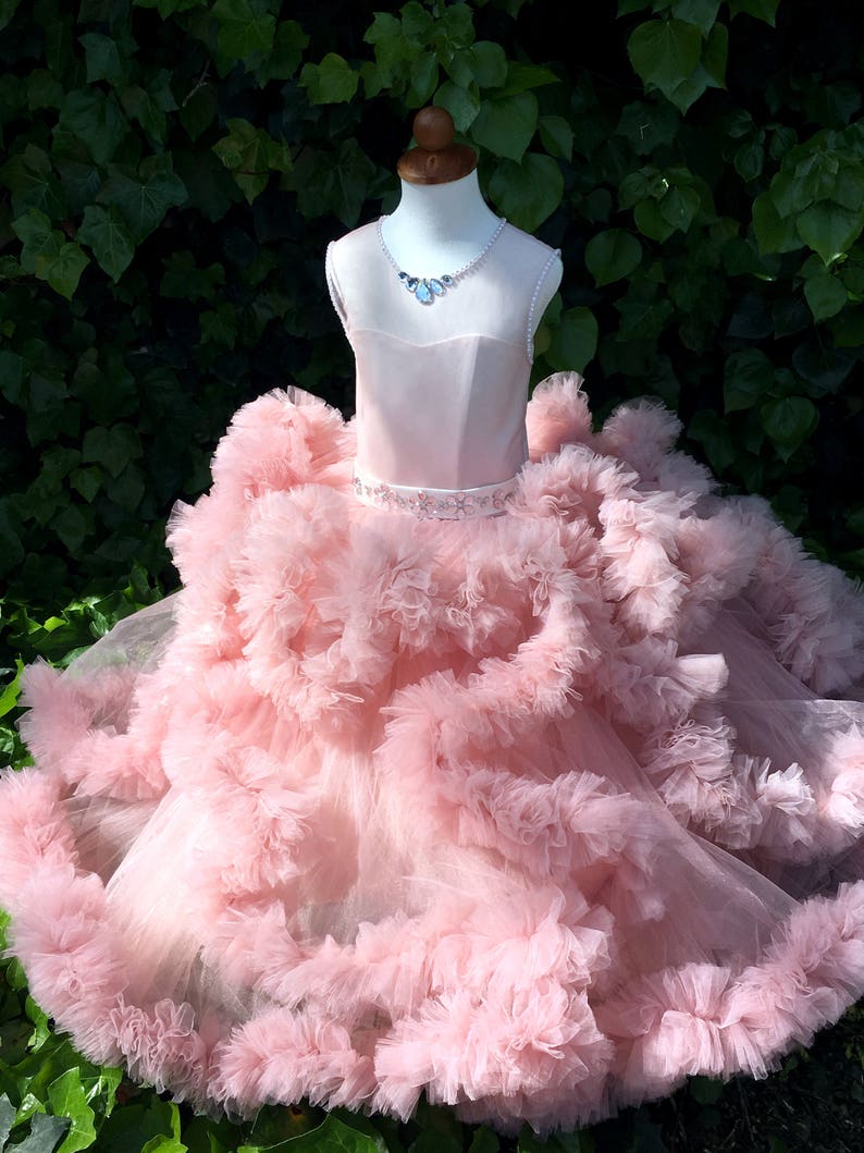 Puede incluir: Un vestido de tul rosa con una falda con volantes y un cintur&oacute;n de cuentas. El vestido tiene un corpi&ntilde;o sin mangas y un escote de coraz&oacute;n. El vestido est&aacute; en un maniqu&iacute; sobre un fondo verde.