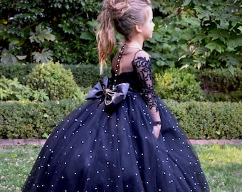 Black Flower Girl Dress: Lace Tulle Gown with Pearls