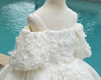 Off White Flower Girl Dress with Train, Glitter Tulle Ball Gown, 3D Floral Off Shoulder Dress, Satin Princess Dress, Luxury Pageant Gown