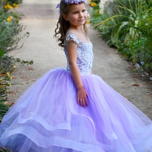 Purple Tulle Flower Girl Dress: Lace Bodice Princess Gown