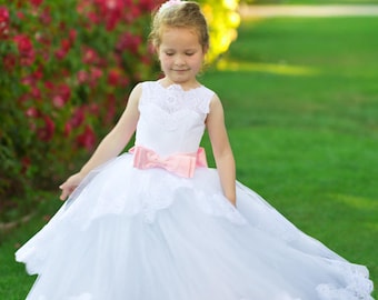 Vestido de tul para niña de las flores: vestido de bautizo con apliques de encaje