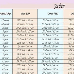 May include: A size chart for children's clothing, featuring a young girl in a leotard. The chart includes measurements in inches and centimeters for chest, waist, height, and arm to floor length, catering to sizes from 12 months to 14 years.