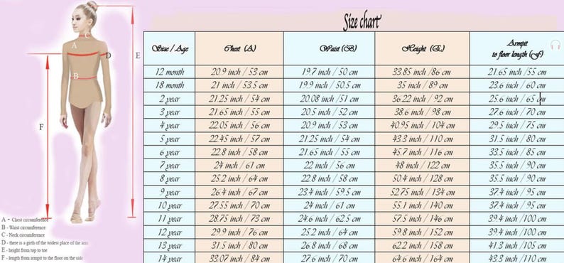 May include: A size chart for children's clothing, featuring a young girl in a leotard. The chart includes measurements in inches and centimeters for chest, waist, height, and arm to floor length, catering to sizes from 12 months to 14 years.