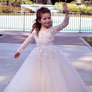 Tulle Flower Girl Dress: Lace Applique Princess Gown with Train