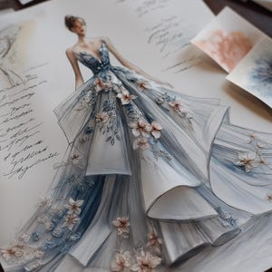May include: A fashion illustration of a formal gown with a plunging neckline and layered skirt. The dress is primarily blue and white, adorned with floral embellishments. The drawing is on a white paper with handwritten notes and other design elements.