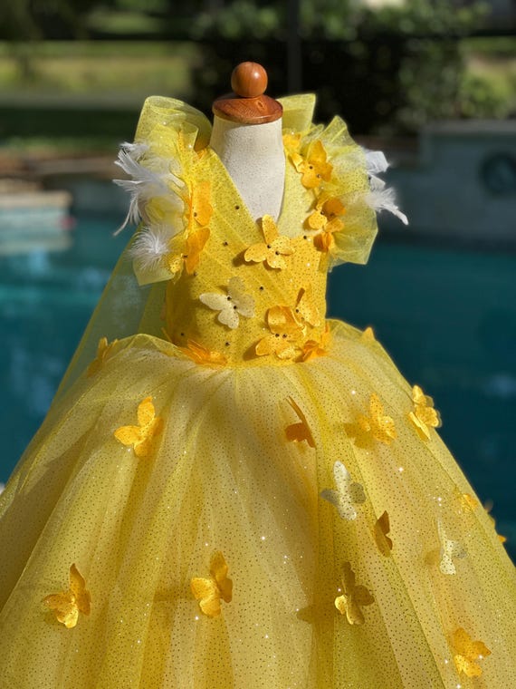 Yellow Flower Girl Dress with Train, Butterfly Tulle Gown, Custom Color Toddler Princess Dress, Wedding Party Dress, Birthday Girl Ball Gown