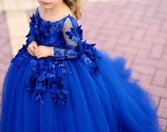 3D Floral Flower Girl Dress, Luxury Tulle Ball Gown, Princess Birthday Dress, Wedding Pageant Gown, Custom Color Dress