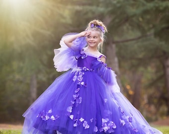 Purple Flower Girl Dress with Train, 3D Floral Tulle Ball Gown, Luxury Princess Pageant Dress - Pansy