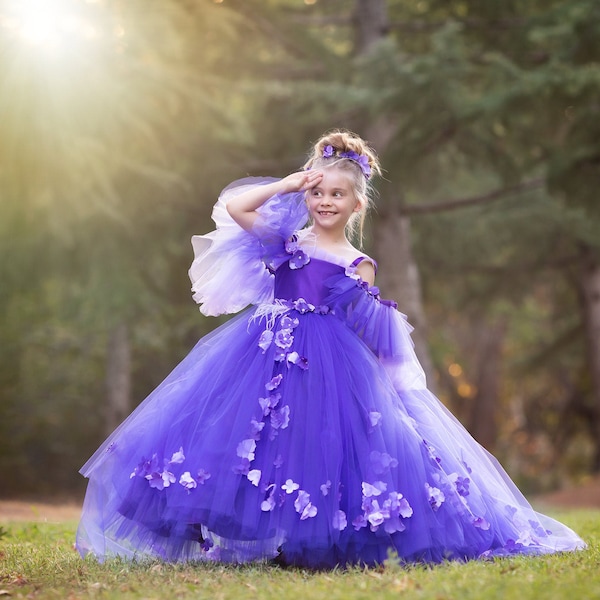 Purple Flower Girl Dress with Train, 3D Floral Tulle Ball Gown, Luxury Princess Pageant Dress - Pansy