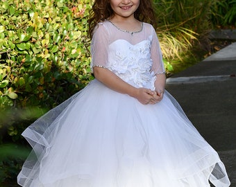 White Tulle Flower Girl Dress: Polka Dot Princess Gown