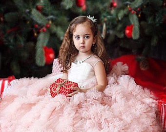 May include: A young girl wearing a pink tulle dress with a white bodice and a silver tiara. She is holding a red gift box with white polka dots. The girl is sitting in front of a Christmas tree decorated with red baubles.