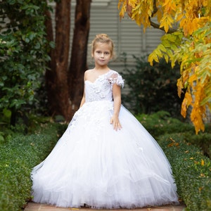 White Lace Flower Girl Dress: One-Shoulder Princess Ball Gown