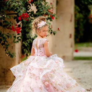 Pink Flower Girl Dress, Pageant Birthday Gown, Princess Dress, Wedding Junior Bridesmaid Outfit with Train, Special Occasion Gown –Romantic