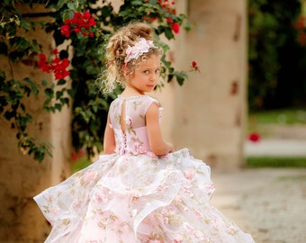 Pink Flower Girl Dress with Train & inner petticoat, Tulle Princess Ball Gown, Wedding Pageant Birthday Toddler Dress – Romantic