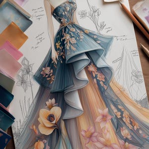 May include: A fashion illustration of a formal gown. The dress features a one-shoulder design with a blue bodice and a layered skirt that transitions from blue to peach. Floral accents are scattered across the gown, and the drawing is on a white paper.