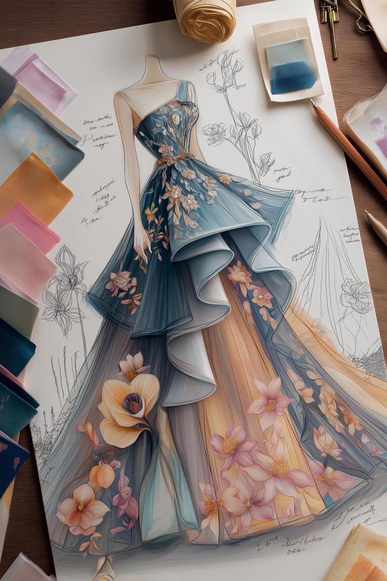 May include: A fashion illustration of a formal gown. The dress features a one-shoulder design with a blue bodice and a layered skirt that transitions from blue to peach. Floral accents are scattered across the gown, and the drawing is on a white paper.
