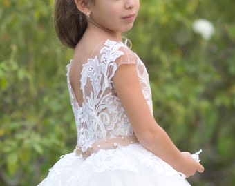 Vestido de niña de las flores color champán: vestido de baile de tul con corsé de encaje