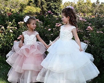 Lace Corset Flower Girl Dress: Illusion Neckline, Tiered Skirt