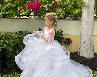 White Lace Flower Girl Dress with Train, Long Sleeve Tulle Ball Gown, Layered Pageant Princess Dress