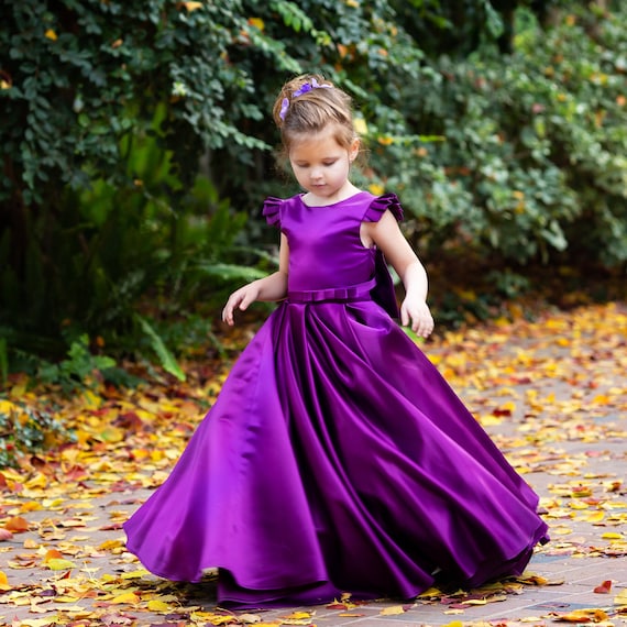 formal purple dress for girls Purple Satin Ball Gown with Bow, Toddler Princess Dress, Girls Formal Flower Girl Dress, Elegant Birthday Wedding Outfit
