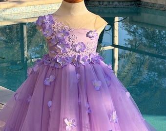 Lavender Flower Girl Dress with train, Tulle Birthday Ball Gown with 3D Flowers, Princess Wedding Pageant Dress for Girls – Blue Sky