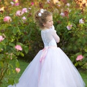 Flower Girl Pageant Dress, Lace Applique Princess Gown, Wedding Bridesmaid Formal Outfit, Birthday Toddler Ball Gown with Long Train – Cory