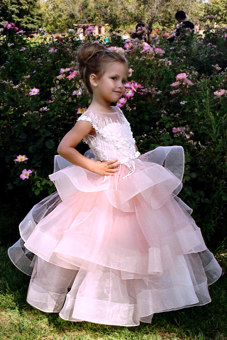 Pink flower girl dress Lace girls party dress Baby Toddler Birthday Princess Girls wedding dress First Communion Baptism Special occasion