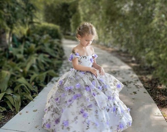 Lavender Flower Girl Dress, Off Shoulder Princess Ball Gown, 3D Floral Organza Toddler Wedding Pageant Dress- Lilac Garden