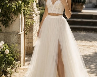 Ivory Tulle Skirt with Slit, Adult Wedding Bridesmaid Maxi Skirt, Bridal Party Photo Shoot Skirt, Custom Size, Custom color, 100+ Colors