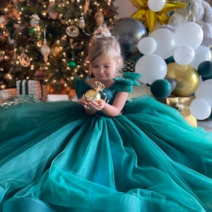 Green Tulle Flower Girl Dress: Satin Bodice, Train, Pageant Gown