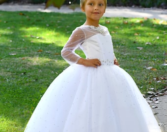 White Flower Girl Dress: Long Sleeve Lace Ball Gown with Train