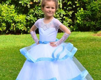 White Tulle Flower Girl Dress: Blue Ribbon Trim, Lace Bodice