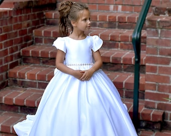 White Satin Flower Girl Dress with Bow & Train, Communion Princess Ball Gown for Wedding or Birthday, Custom Toddler Dress – Tulip