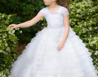 Ivory Ruffle Flower Girl Dress: Tulle Ball Gown with 3D Floral Appliques