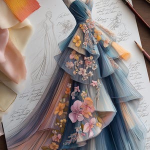 May include: A fashion illustration of a strapless gown in shades of blue, peach, and yellow, adorned with floral embellishments. The design features layered ruffles and a flowing silhouette, with a sketch of a dress in the background.
