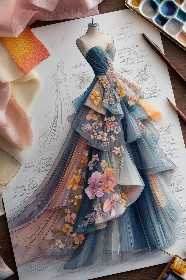 May include: A fashion illustration of a strapless gown in shades of blue, peach, and yellow, adorned with floral embellishments. The design features layered ruffles and a flowing silhouette, with a sketch of a dress in the background.