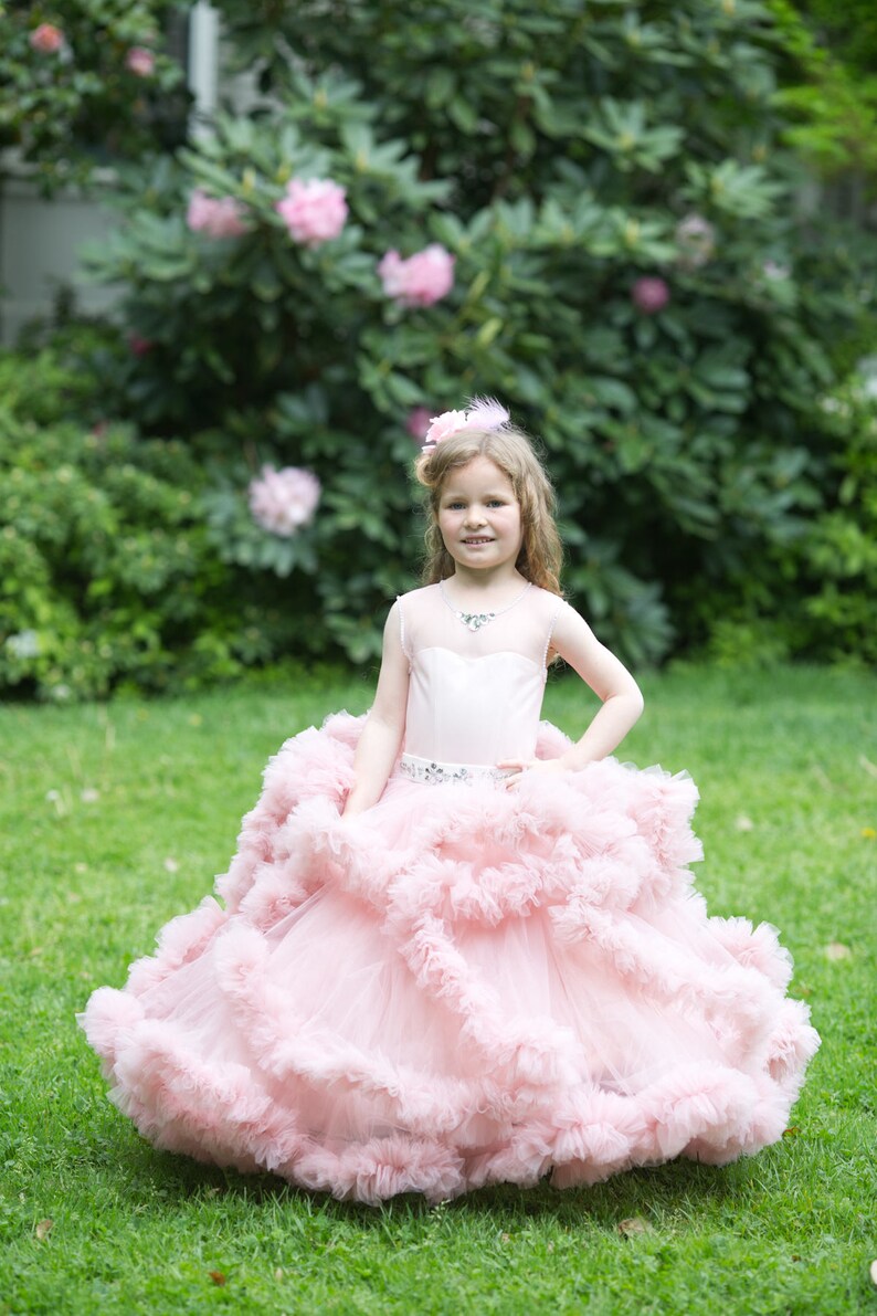 Puede incluir: Una ni&ntilde;a peque&ntilde;a con un vestido de tul rosa con m&uacute;ltiples capas de volantes. Est&aacute; de pie en un &aacute;rea cubierta de hierba con vegetaci&oacute;n verde en el fondo.