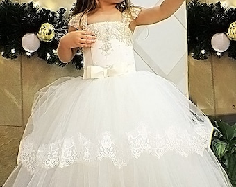 Ivory Tulle Flower Girl Dress: Lace Bodice Wedding Ball Gown