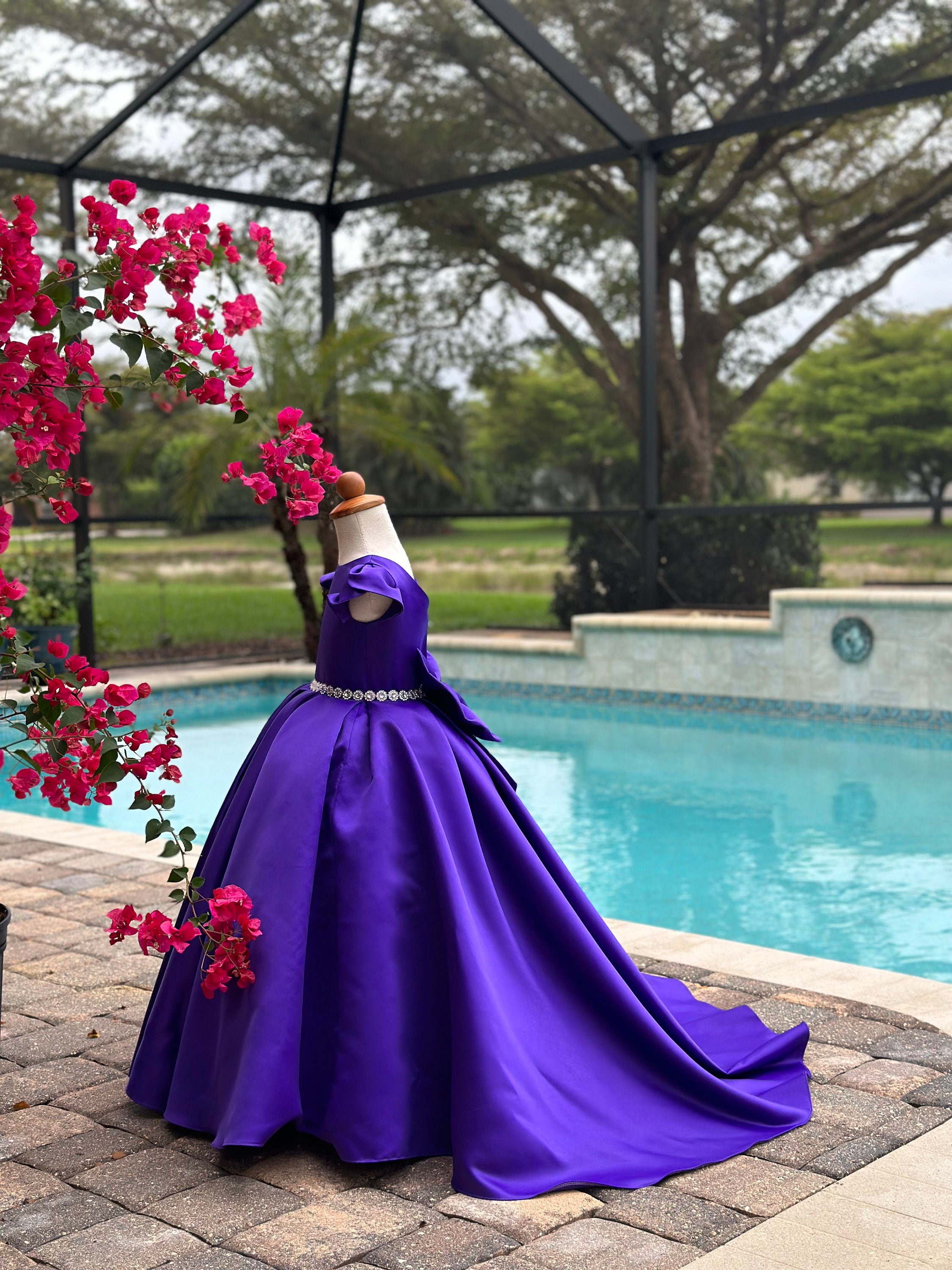 Purple Flower Girl Dress with Bow Train, Pageant Ball Gown, Wedding Birthday Princess Dress, Junior Bridesmaid, Toddler Party Dress - Tulip