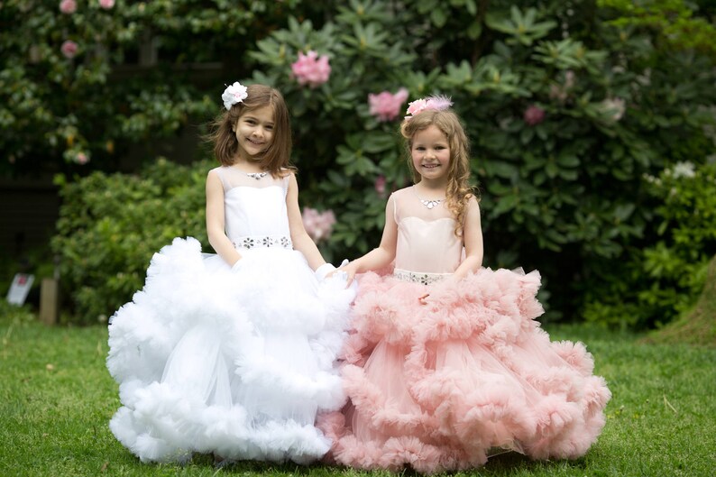 Puede incluir: Dos ni&ntilde;as peque&ntilde;as con vestidos de tul blanco y rosa con faldas con volantes y cinturones brillantes. Est&aacute;n de pie en un jard&iacute;n con hierba verde y flores rosas.