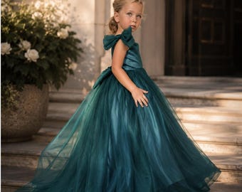Tulle Flower Girl Dress with Bow, Princess Birthday Dress, Girls Pageant Gown, Custom Color Party Dress - Nina