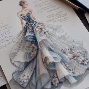 May include: A fashion illustration of a formal gown. The dress features a sweetheart neckline and is adorned with floral embellishments. The gown's skirt is layered with flowing fabric in shades of blue and white. Pencils and sketches are in the background.