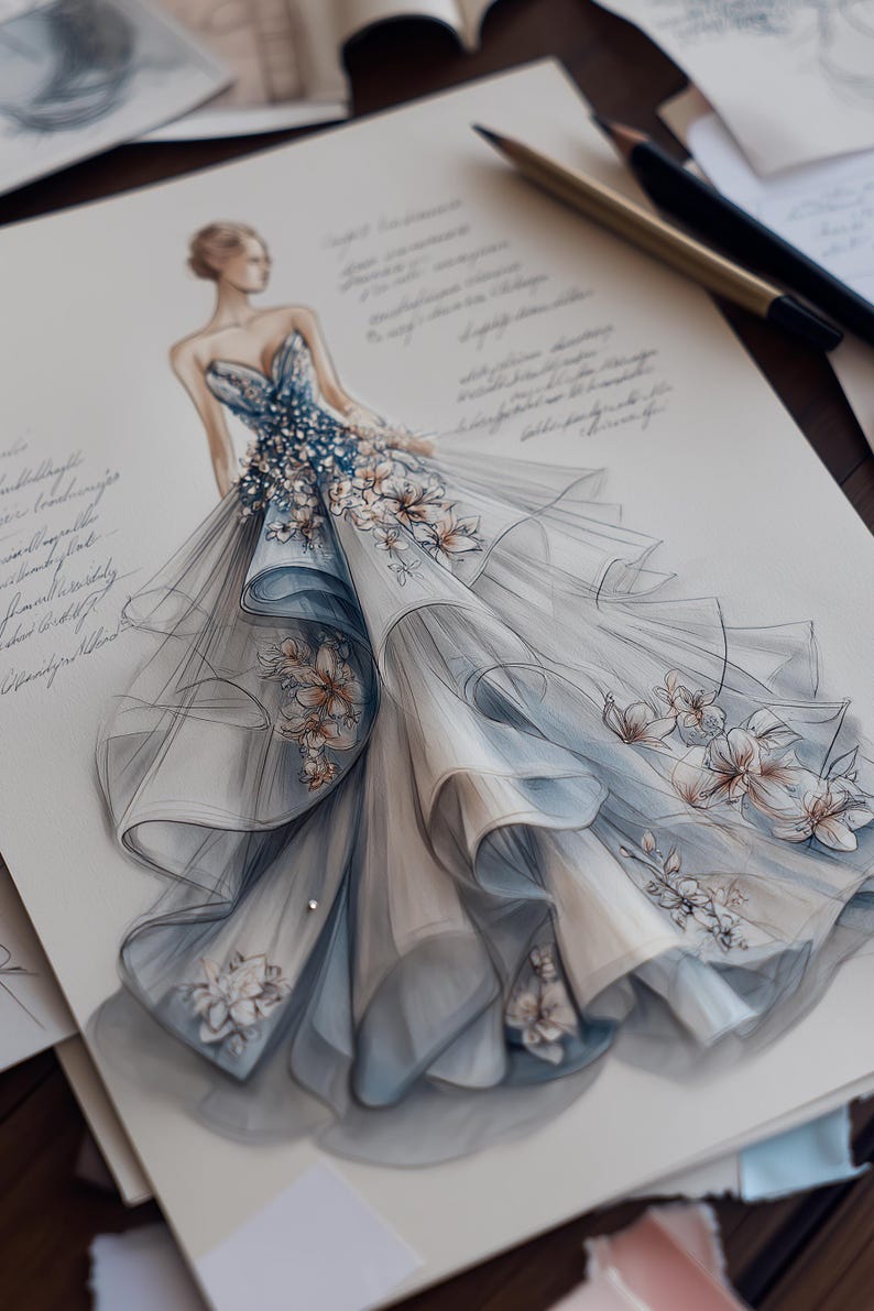 May include: A fashion illustration of a formal gown. The dress features a sweetheart neckline and is adorned with floral embellishments. The gown's skirt is layered with flowing fabric in shades of blue and white. Pencils and sketches are in the background.