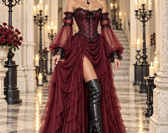 Custom Burgundy Draped Skirt & Detachable Sleeves, Gothic Renaissance Costume, Custom color.